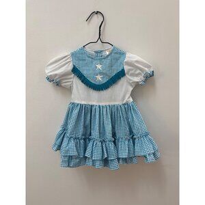 Lil' Dolly Vintage Girls Blue & White Gingham Dress With Ruffles Fringe & Star D